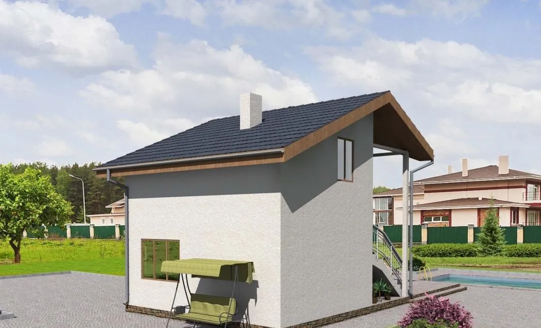 Каркасная баня с мансардой и террасой, 56,5 м² — 3D-вид 1