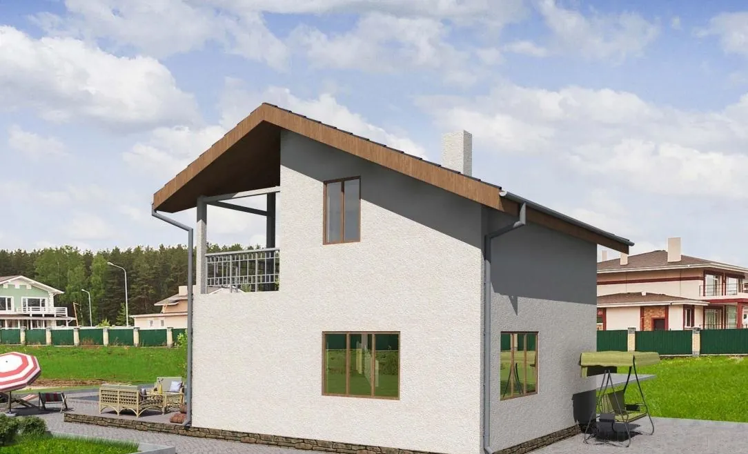 Каркасная баня с мансардой и террасой, 56,5 м² — 3D-вид 2
