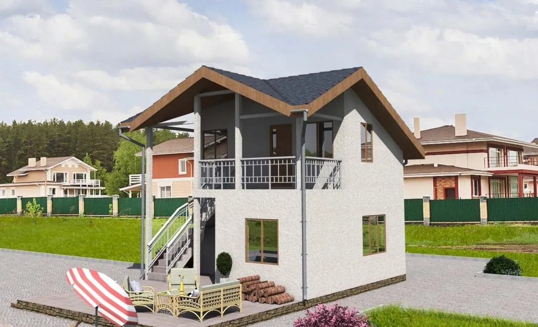 Каркасная баня с мансардой и террасой, 56,5 м² — 3D-вид 3