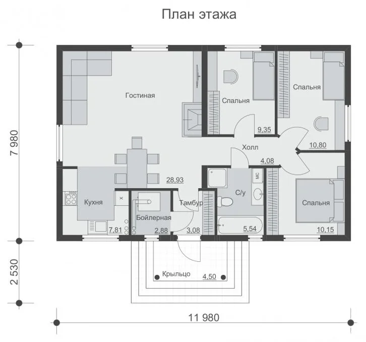 Одноэтажный каркасный дом, 82,6 м² — план этажа