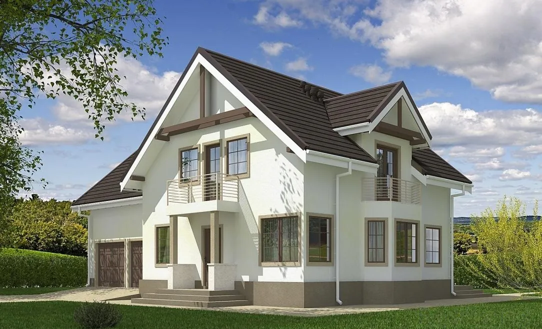Каркасный дом с мансардой и гаражом, 196,5 м² — 3D-вид 1