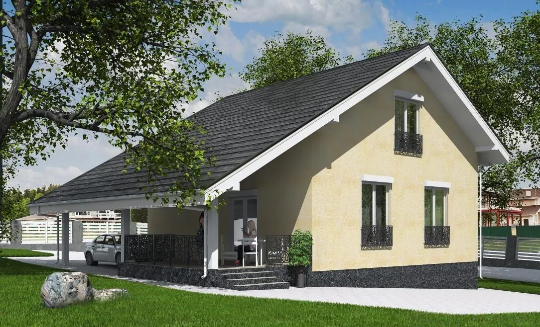 Каркасный дом с мансардой, 113 м² — 3D-вид 1