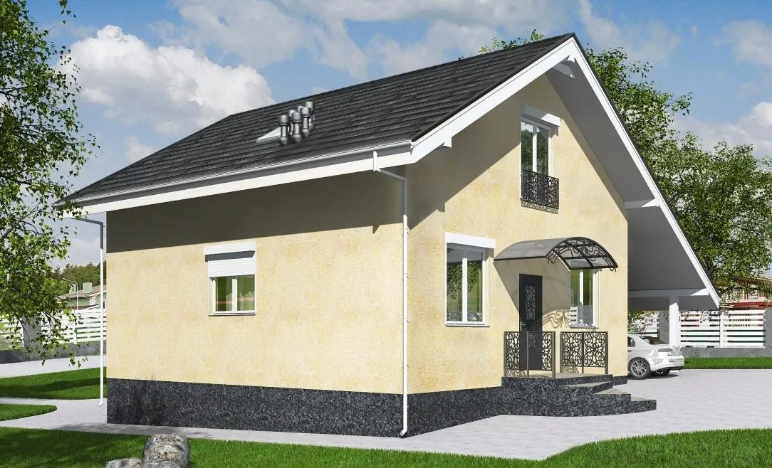 Каркасный дом с мансардой, 113 м² — 3D-вид 3