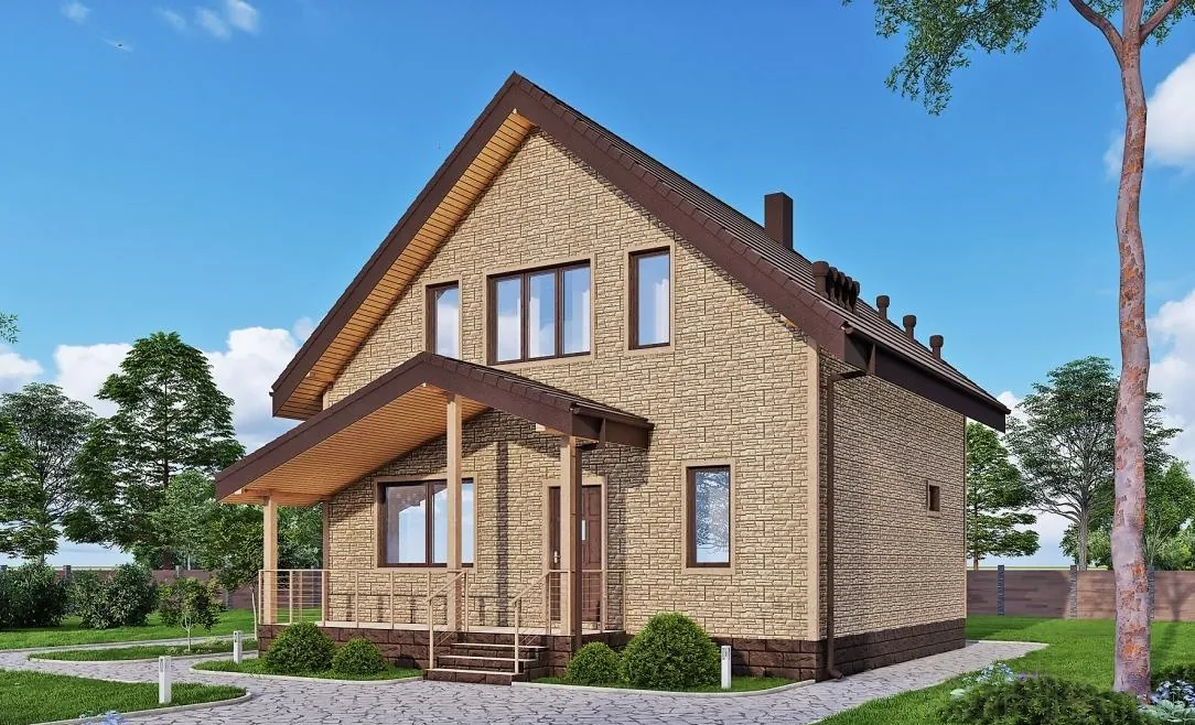 Каркасный дом с мансардой, 101 м² — 3D-вид 1