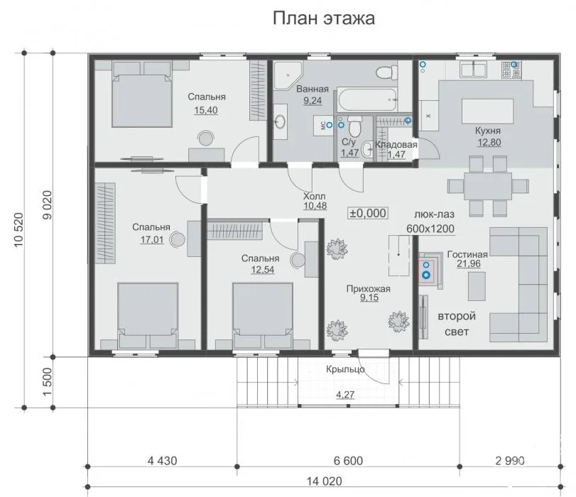 Одноэтажный каркасный дом, 111,5 м² — план этажа