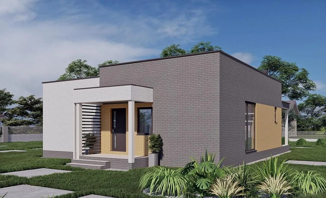 Одноэтажный каркасный дом с плоской кровлей, 99,5 м² — 3D-вид 1