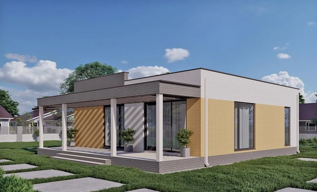 Одноэтажный каркасный дом с плоской кровлей, 99,5 м² — 3D-вид 3
