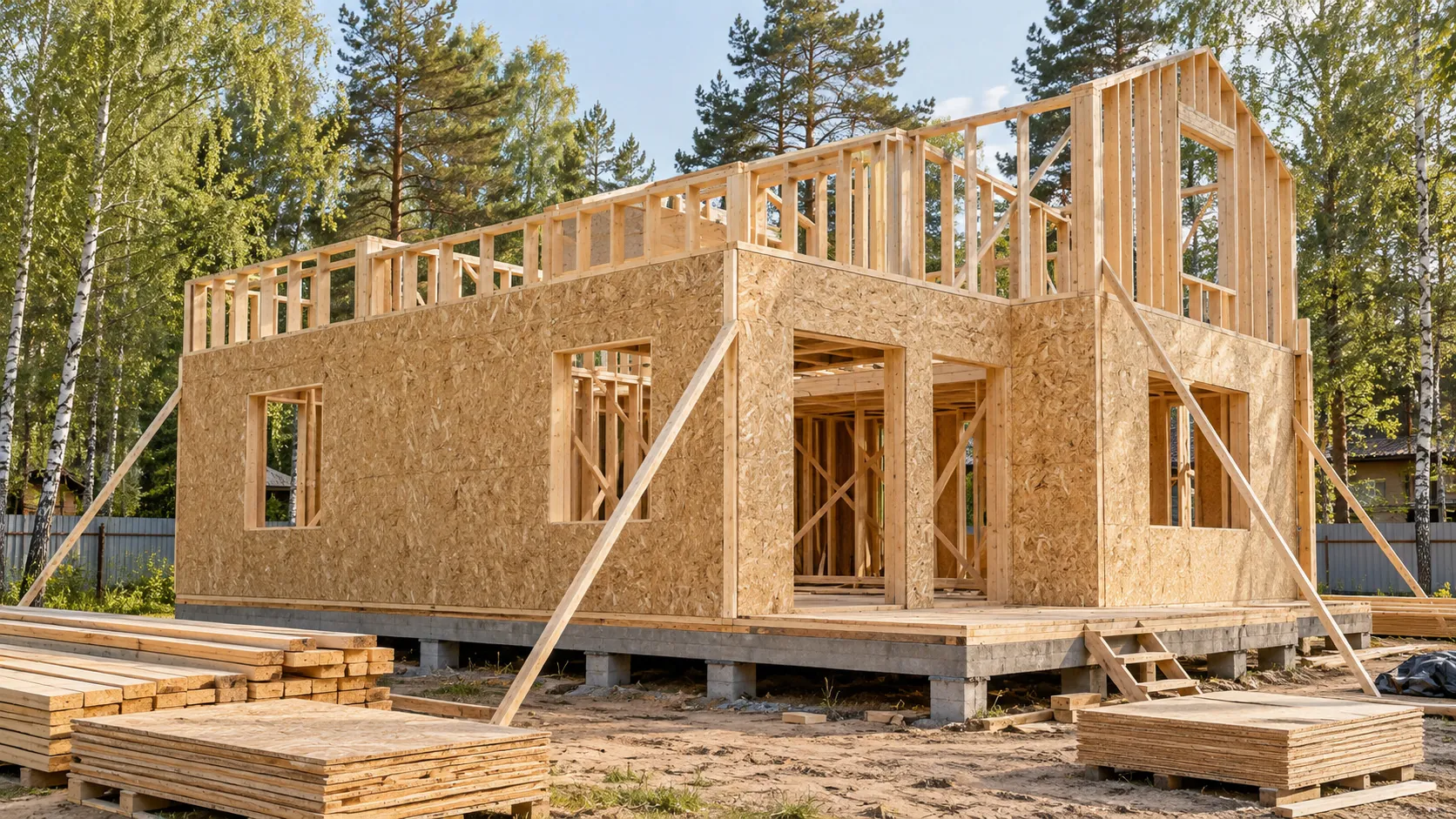 Каркас стен двухэтажного дома с обшивкой плитами OSB и проёмами под окна
