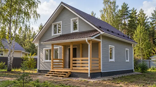 Каркасный дом с серым фасадом из сайдинга, мансардой и деревянным крыльцом среди берёз