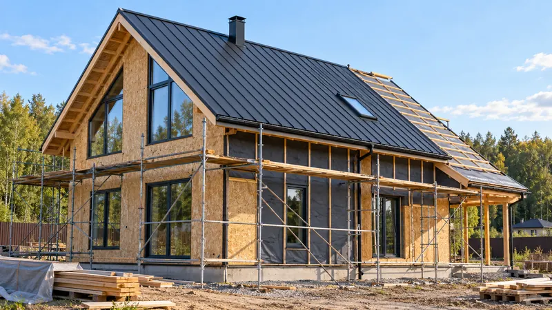 Кровля из металла и стены с OSB и мембраной на лесах